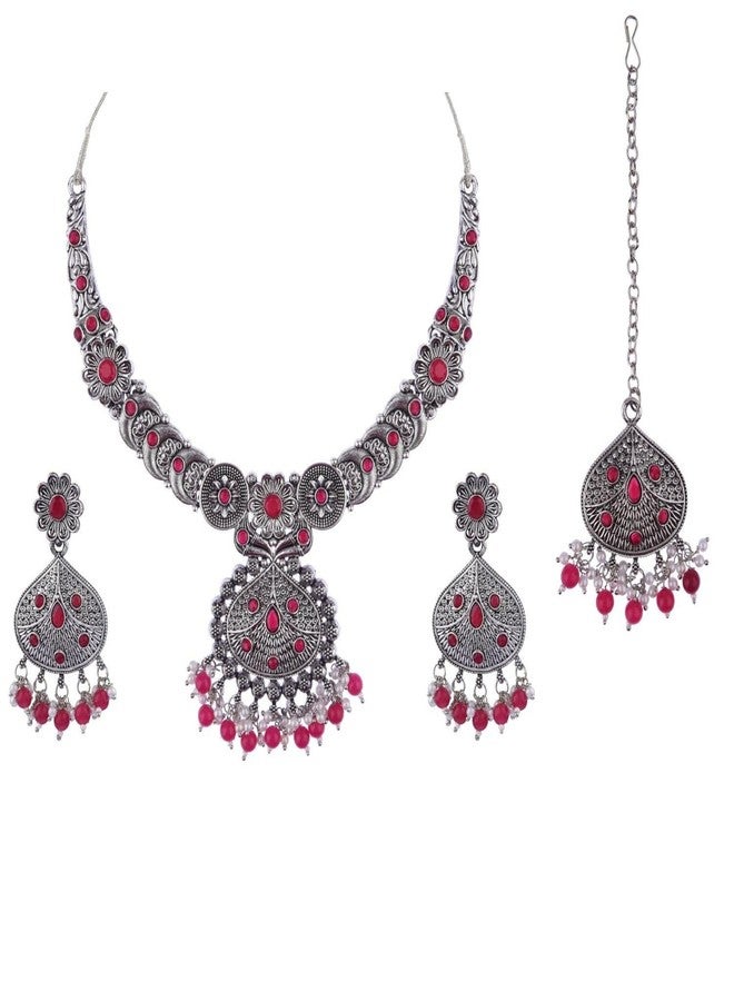 Efulgenz Indian Oxidized Jewelry for Navratri Choker Necklace and Earrings with Maangtikka Indian Oxidized Jewelry Set for Women Antique Bohemian Faux Pearl Red Crystal Stone Peacock Necklace Earrings Set Wedding Bridal Fashion Jewelry - Image 1
