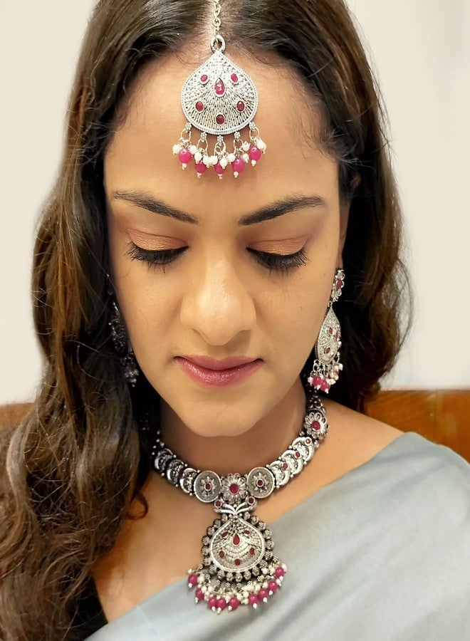 Efulgenz Indian Oxidized Jewelry for Navratri Choker Necklace and Earrings with Maangtikka Indian Oxidized Jewelry Set for Women Antique Bohemian Faux Pearl Red Crystal Stone Peacock Necklace Earrings Set Wedding Bridal Fashion Jewelry - Image 4