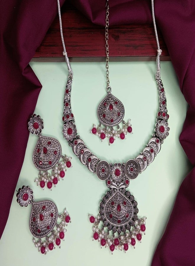 Efulgenz Indian Oxidized Jewelry for Navratri Choker Necklace and Earrings with Maangtikka Indian Oxidized Jewelry Set for Women Antique Bohemian Faux Pearl Red Crystal Stone Peacock Necklace Earrings Set Wedding Bridal Fashion Jewelry - Image 2