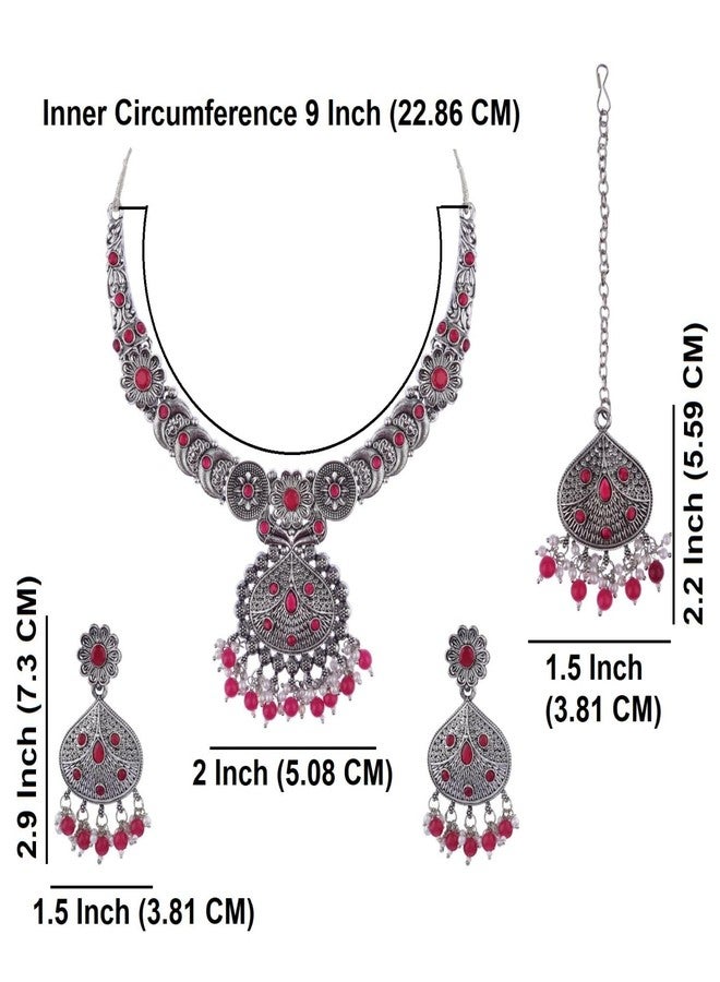 Efulgenz Indian Oxidized Jewelry for Navratri Choker Necklace and Earrings with Maangtikka Indian Oxidized Jewelry Set for Women Antique Bohemian Faux Pearl Red Crystal Stone Peacock Necklace Earrings Set Wedding Bridal Fashion Jewelry - Image 5