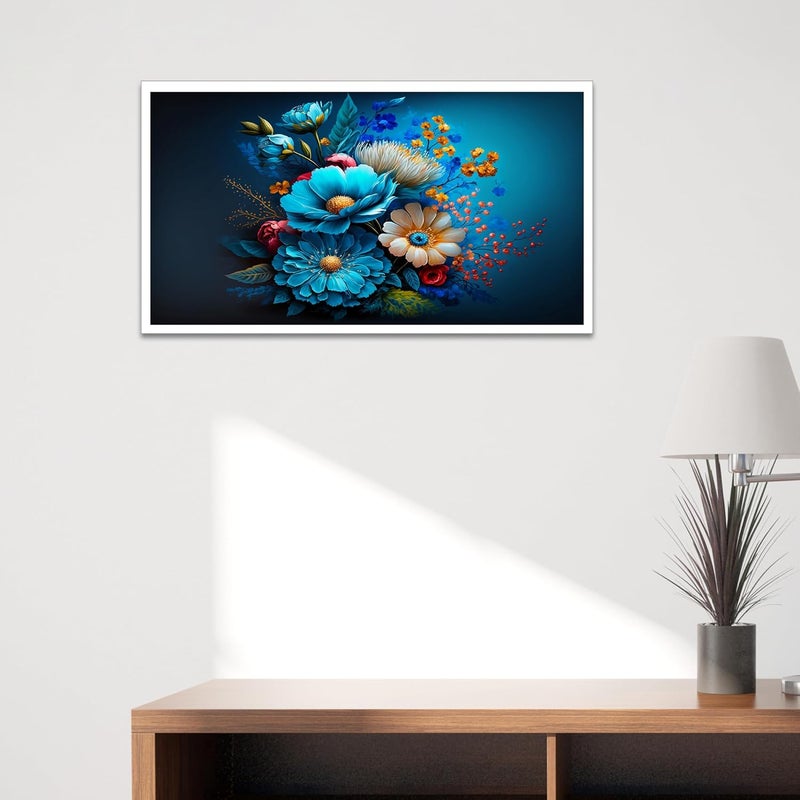 DEKORSTATION Canvas Floral Painting for Living Room Wall Decoration Blue Colorful Flowers Bunch Wall Decorative Floating Frame Art Print for Home and Office Dcor Size 12x24 Inches