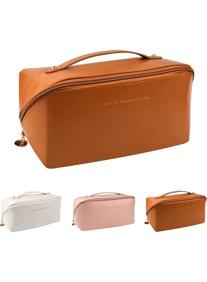Large Capacity Travel Cosmetic Bag Multifunctional Storage Makeup Bag PU Leather Makeup Bag with Handle& Divider Travel Cosmetic Bags for Women-Brown