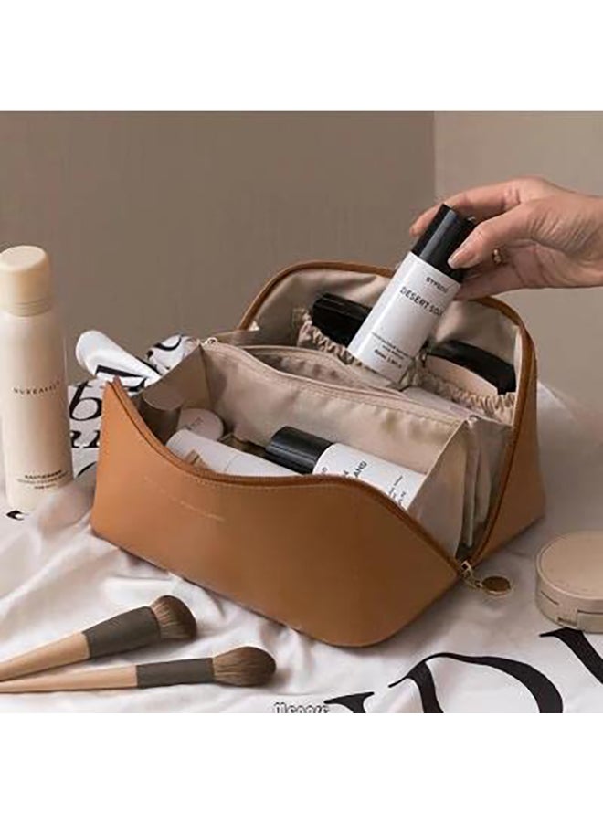 Large Capacity Travel Cosmetic Bag Multifunctional Storage Makeup Bag PU Leather Makeup Bag with Handle& Divider Travel Cosmetic Bags for Women-Brown