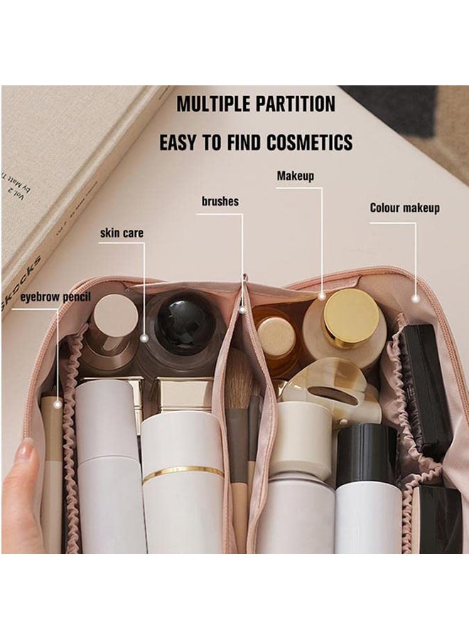 Large Capacity Travel Cosmetic Bag Multifunctional Storage Makeup Bag PU Leather Makeup Bag with Handle& Divider Travel Cosmetic Bags for Women-Brown