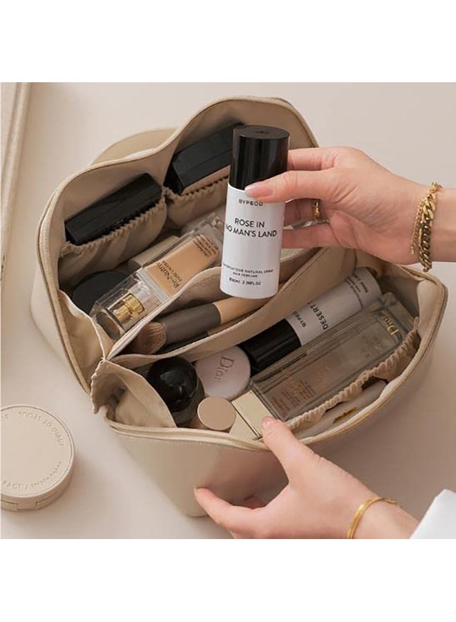 Large Capacity Travel Cosmetic Bag Multifunctional Storage Makeup Bag PU Leather Makeup Bag with Handle& Divider Travel Cosmetic Bags for Women-Brown