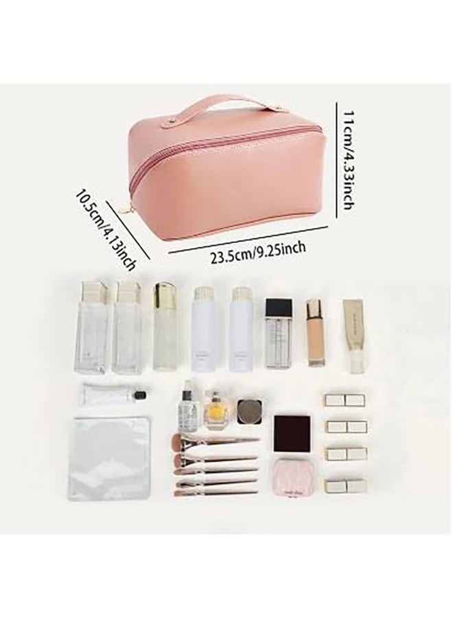 Large Capacity Travel Cosmetic Bag Multifunctional Storage Makeup Bag PU Leather Makeup Bag with Handle& Divider Travel Cosmetic Bags for Women-Brown