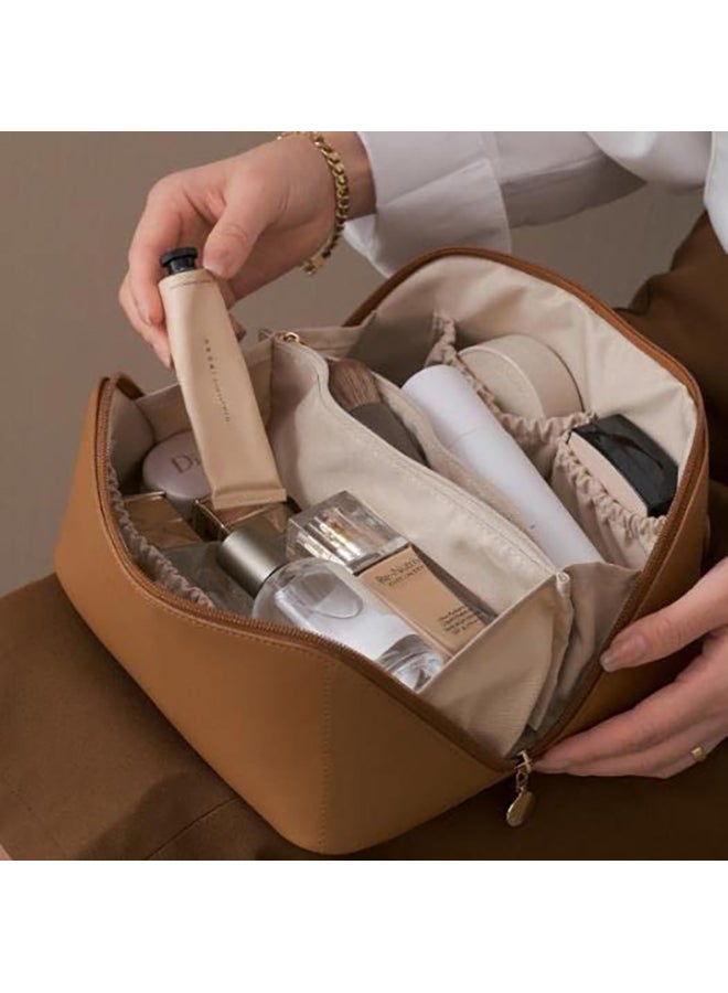 Large Capacity Travel Cosmetic Bag Multifunctional Storage Makeup Bag PU Leather Makeup Bag with Handle& Divider Travel Cosmetic Bags for Women-Brown