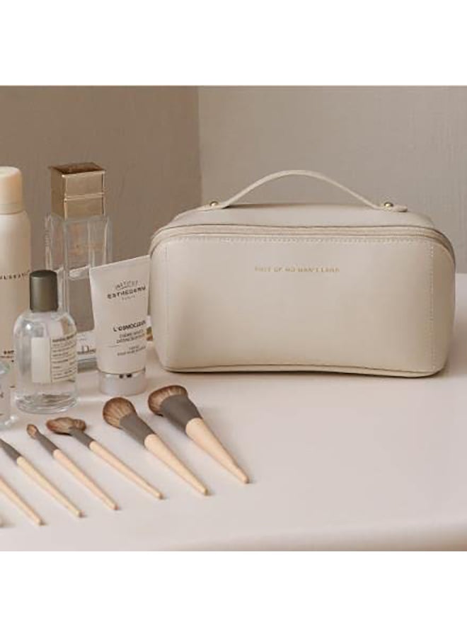 Large Capacity Travel Cosmetic Bag Multifunctional Storage Makeup Bag PU Leather Makeup Bag with Handle& Divider Travel Cosmetic Bags for Women-Brown