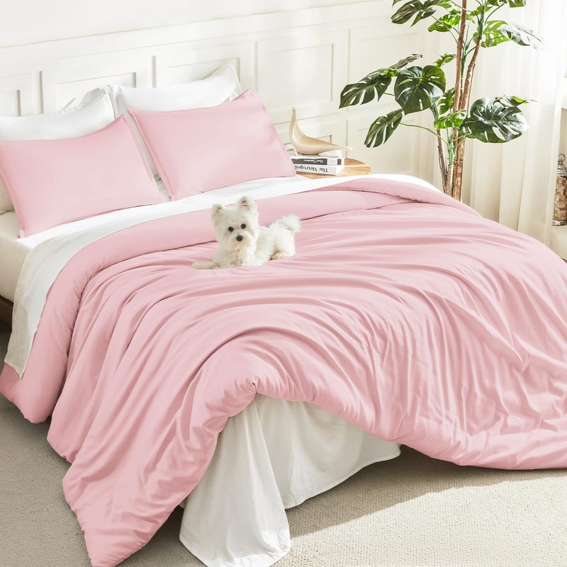 Litanika Pink Comforter Set Full Size, 3 Pieces Girls Women Cute Soft Solid Bedding Comforter Set, All Season Bed Set (79x90In Comforter & 2 Pillowcases) - Image 1