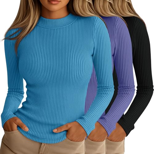Riyiper 3 Pack Womens Ribbed Shirts Mock Turtleneck Long Sleeve Tops Slim Fitted Undershirts Casual Basic Layering TeesBlue Purple Dark BrownSmall - Image 1