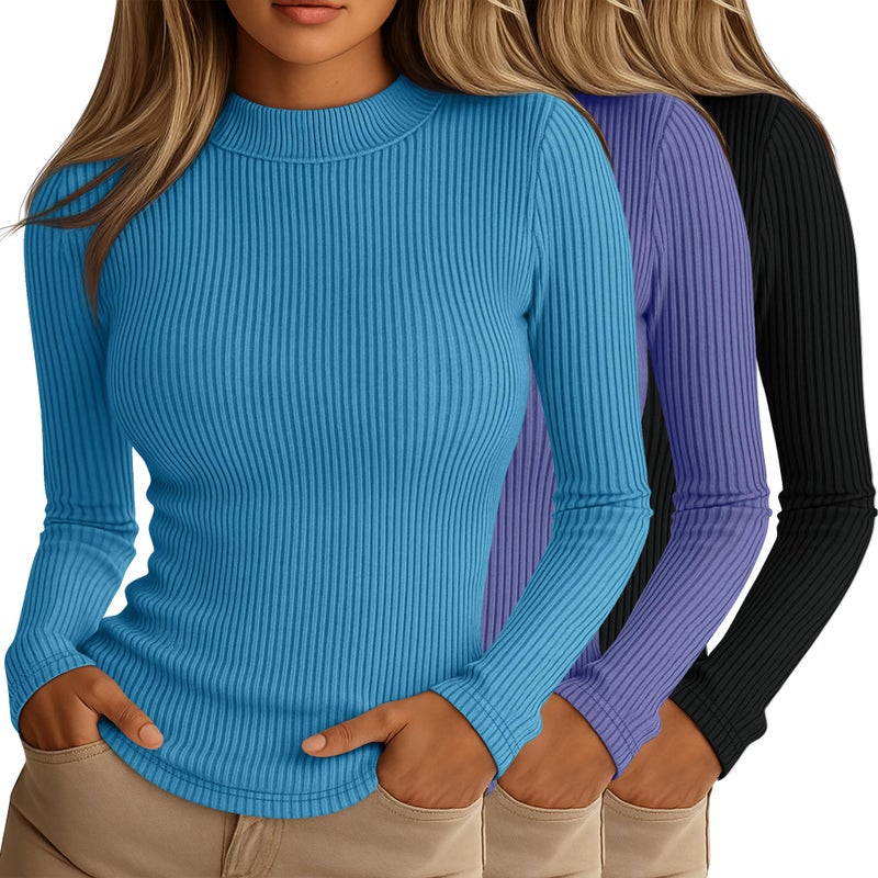 Riyiper 3 Pack Womens Ribbed Shirts Mock Turtleneck Long Sleeve Tops Slim Fitted Undershirts Casual Basic Layering TeesBlue Purple Dark BrownSmall - Image 2