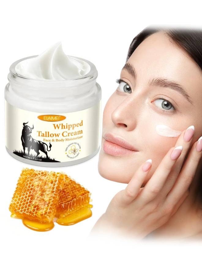 Elaimei 60g Whipped Tallow Cream Beef Tallow Skin Care Deeply Nourishing Organic Grass Fed Tallow Balm for Face and Body Moisturizing Skin Care Cream Beef Tallow Honey Balm Beeswax Whipped Moisturizer Cream  - Image 1