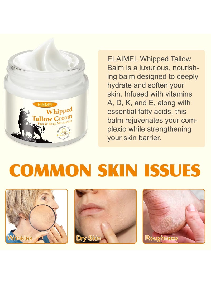 Elaimei 60g Whipped Tallow Cream Beef Tallow Skin Care Deeply Nourishing Organic Grass Fed Tallow Balm for Face and Body Moisturizing Skin Care Cream Beef Tallow Honey Balm Beeswax Whipped Moisturizer Cream  - Image 2
