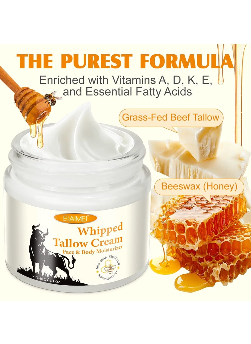 Elaimei 60g Whipped Tallow Cream Beef Tallow Skin Care Deeply Nourishing Organic Grass Fed Tallow Balm for Face and Body Moisturizing Skin Care Cream Beef Tallow Honey Balm Beeswax Whipped Moisturizer Cream  - Image 4