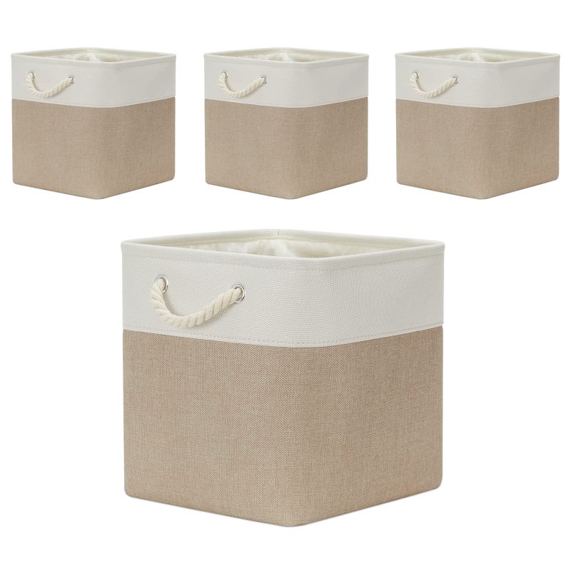 Temary Temary Cube Storage Baskets 4 Pack 13x13 Fabric Cube Storage Bins for Clothes Large Baskets Boxes with Handles Canvas Basket for Organizing Towels Collapsible Storage Bins WhiteKhaki 