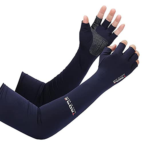 BULINGNA Arm Sleeves for Men & Women Cooling Sports UV Protective Sleeves with Half-Finger Glove for Fishing Cycling Golf Basketball (Navy Blue) - Image 5