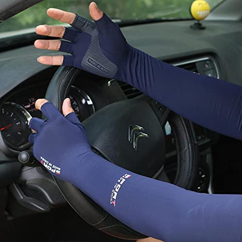 BULINGNA Arm Sleeves for Men & Women Cooling Sports UV Protective Sleeves with Half-Finger Glove for Fishing Cycling Golf Basketball (Navy Blue) - Image 2