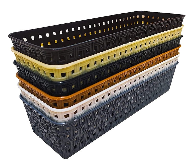 Liza Plastic Small Multipurpose Desk Organizer Tray Office Drawer Dividers Storage Bins for Kitchen, Bathroom, Office, Makeup, Bedroom Dresser, Craft Basket Rack Multicolour (23L × 8W× 5H cm) Set of 6 - Image 1