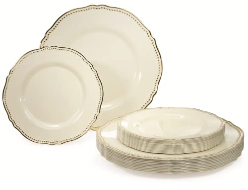 OCCASIONS FINEST PLASTIC TABLEWARE حزمة 50 طبق للمناسبات 25 ضيف مجموعة أطباق بلاستيكية قابلة للتصرف لحفلات الزفاف الثقيلة 25 × 10 25 عشاء 25 × 7 5 أطباق سلطات وحلويات روشيل العاجي والذهبي - Image 2