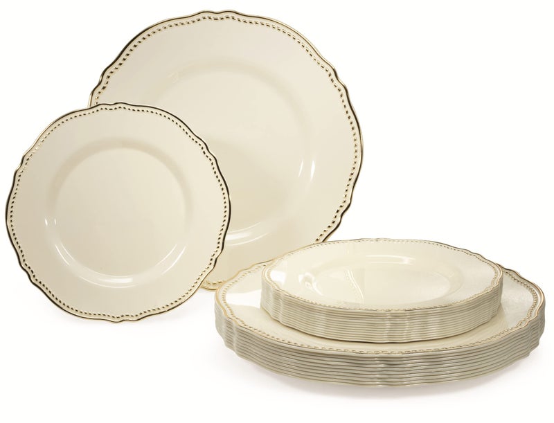 OCCASIONS FINEST PLASTIC TABLEWARE حزمة 50 طبق للمناسبات 25 ضيف مجموعة أطباق بلاستيكية قابلة للتصرف لحفلات الزفاف الثقيلة 25 × 10 25 عشاء 25 × 7 5 أطباق سلطات وحلويات روشيل العاجي والذهبي - Image 3