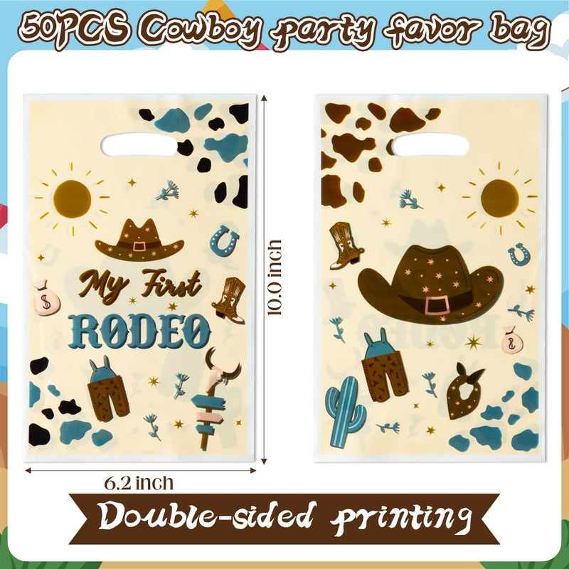 K1tpde 50PCS Cowboy Party Favor Bags for Kids Western Theme Candy Bag Bulk with Handles Blue Cowboy 1st Plastic Gift Oranizer for Boys My First Redeo Western Baby Shower Party Supplies - Image 2