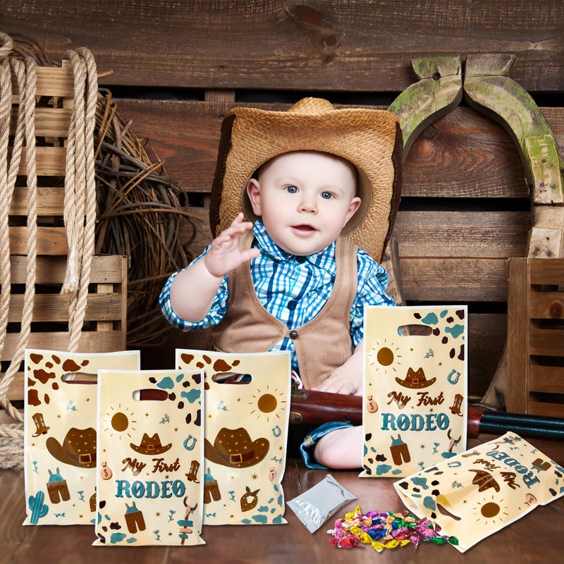 K1tpde 50PCS Cowboy Party Favor Bags for Kids Western Theme Candy Bag Bulk with Handles Blue Cowboy 1st Plastic Gift Oranizer for Boys My First Redeo Western Baby Shower Party Supplies - Image 4