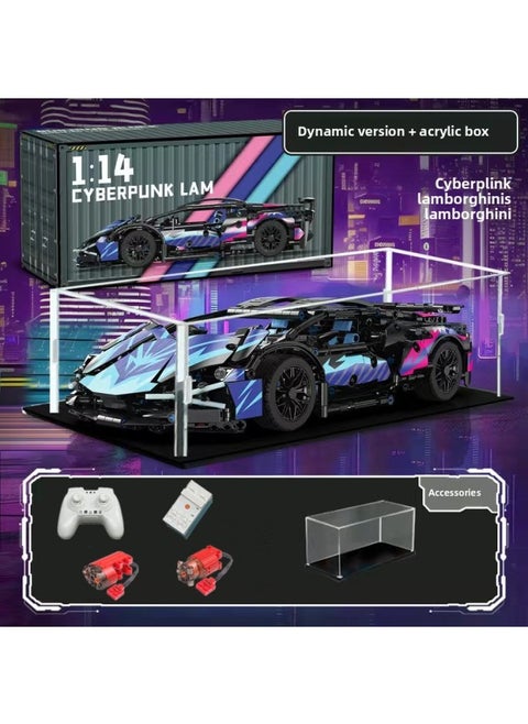 Cyberpunk Lamborgan Green Cow Building Blocks Black Samurai V12 Remote Control Car Boy Assembled Toy Car-Color:Container Version Cyber Purple Lambo + Dynamic + Display Box