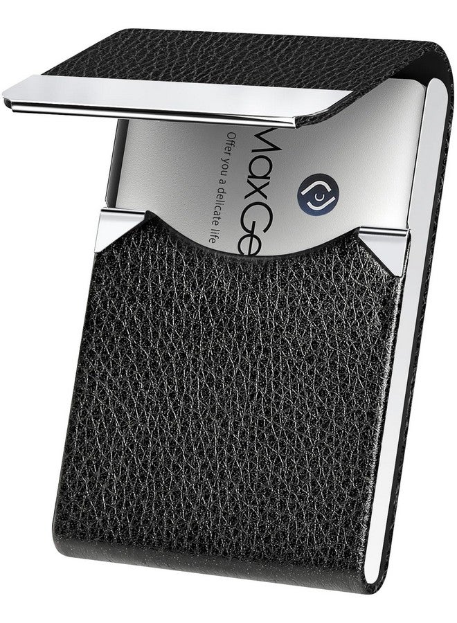 MaxGear Business Card Holder, PU Leather Business Card Case Pocket Card Holders for Men or Women, Metal Slim Name Card Holder RFID Blocking Business Card Carrier with Magnetic Closure, Black - Image 1