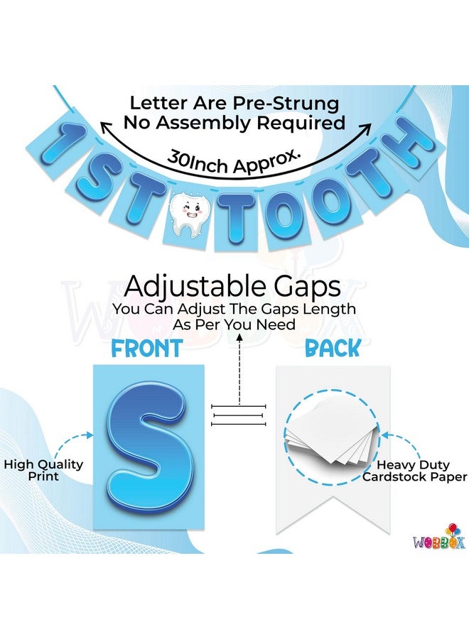 Wobbox 1st Tooth Bunting Banner, Blue Colour Gredient with Stylish Font, First Tooth Decoartion, Happy Birthday Decoration - Image 3