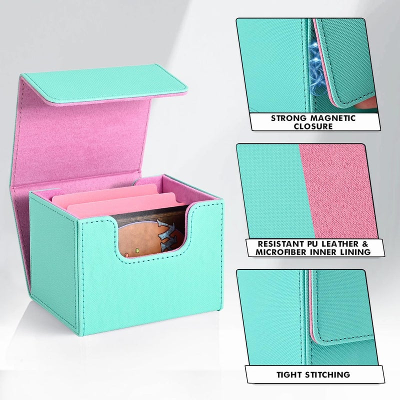 ZLCA Card Deck Box for Trading Cards, MTG Commander Deck Box Holds 120+ Single Sleeved Cards, Leather Magnetic Card Storage Case Fits for TCG CCG (Turquois& Pink) - Image 5