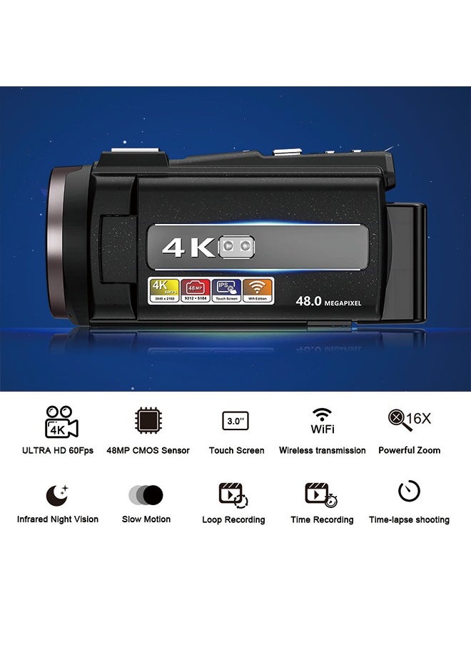 ماركة غير محددة كاميرا فيديو رقمية فائقة الدقة 4K - كاميرا DV رياضية محمولة بدقة 48 ميجابكسل، تكبير 16x، واي فاي، وتثبيت الصورة الإلكتروني، تتضمن بطاقة 32 جيجابايت وبطارية وشاحن  - Image 2