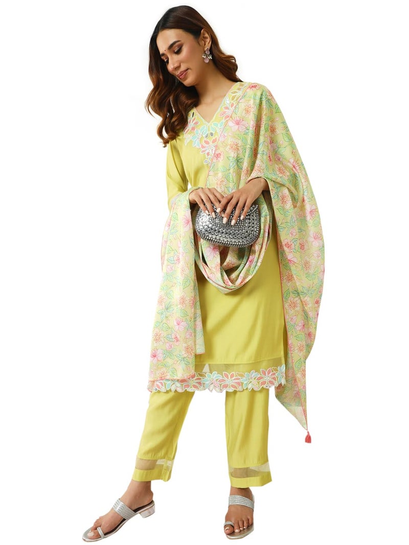 FIORRA Women's Yellow Viscose Chanderi Straight Kurta with Pant and Dupatta SET0163 - Image 1