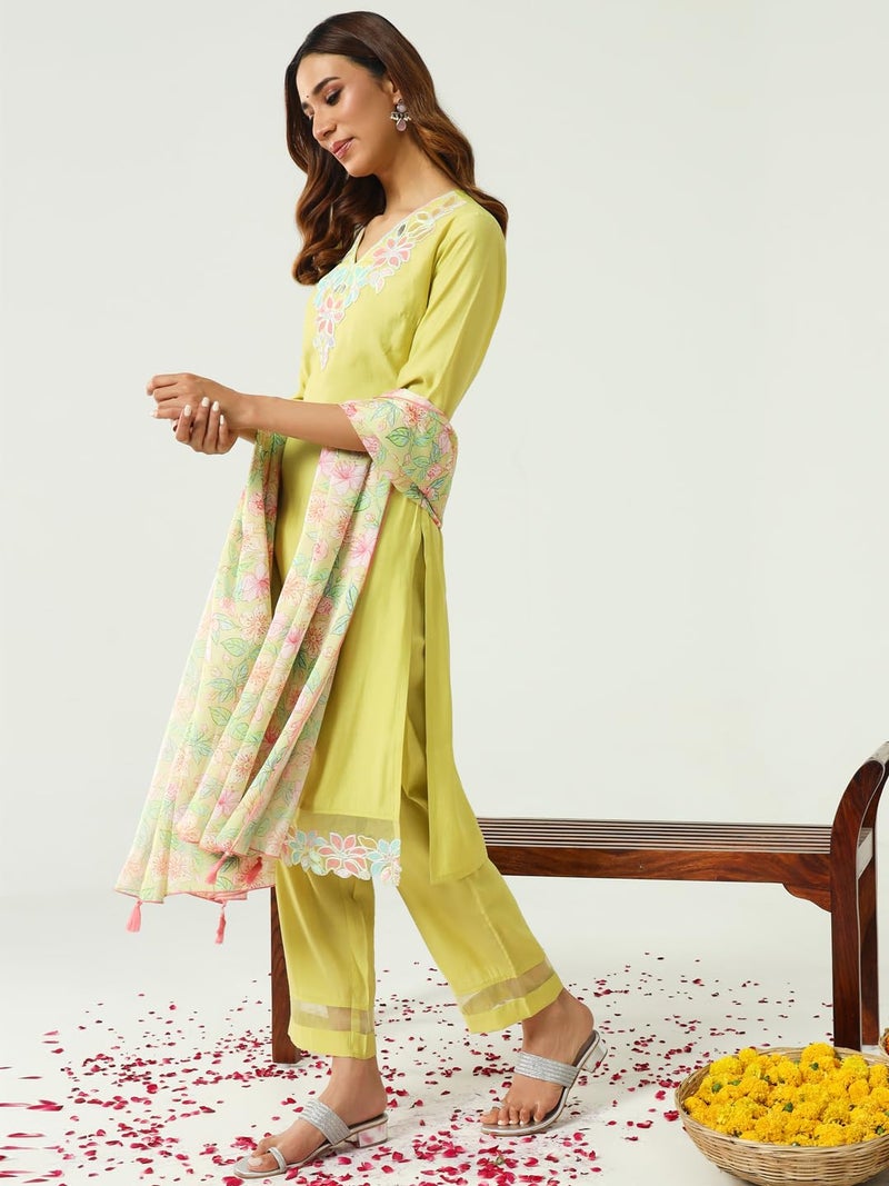 FIORRA Women's Yellow Viscose Chanderi Straight Kurta with Pant and Dupatta SET0163 - Image 4
