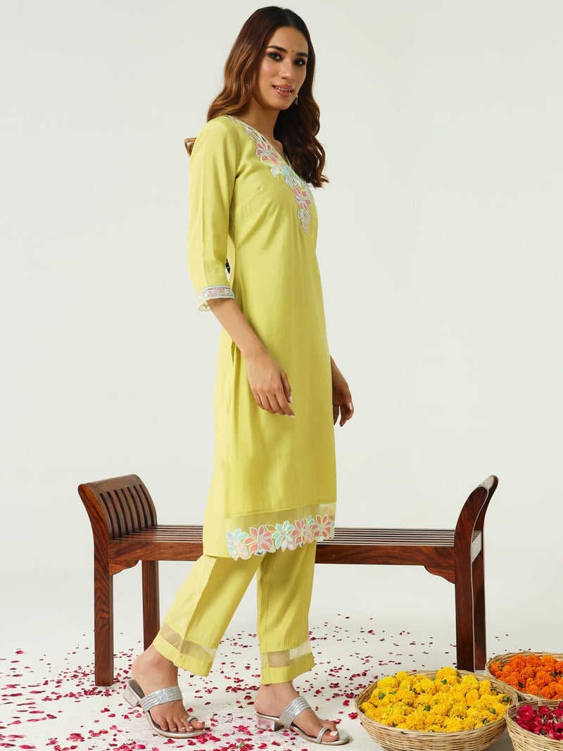 FIORRA Women's Yellow Viscose Chanderi Straight Kurta with Pant and Dupatta SET0163 - Image 3
