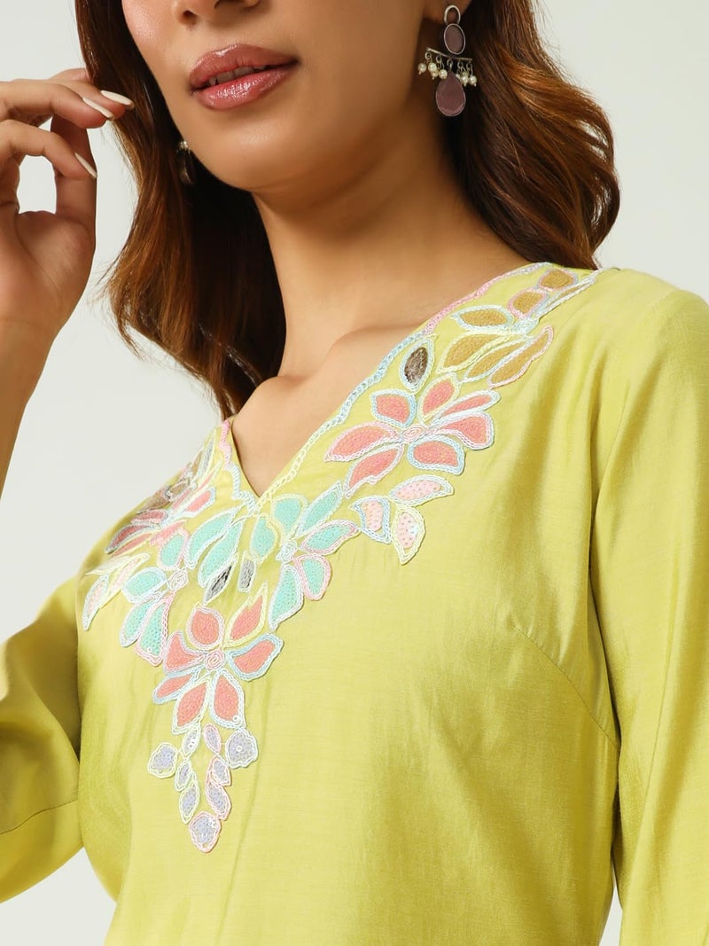 FIORRA Women's Yellow Viscose Chanderi Straight Kurta with Pant and Dupatta SET0163 - Image 5