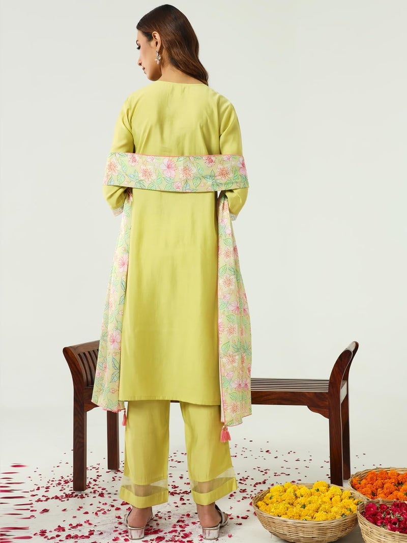 FIORRA Women's Yellow Viscose Chanderi Straight Kurta with Pant and Dupatta SET0163 - Image 2
