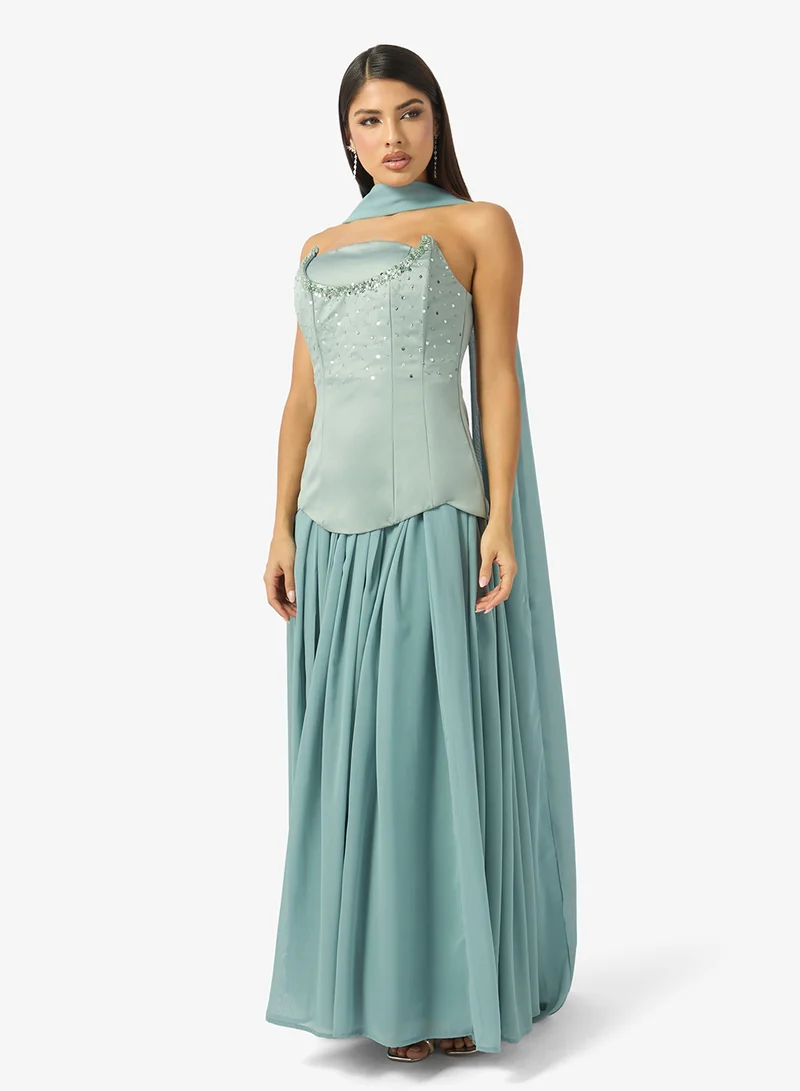 Namshi x Corset Bodice Drop Waist Embellished Dress with Scarf