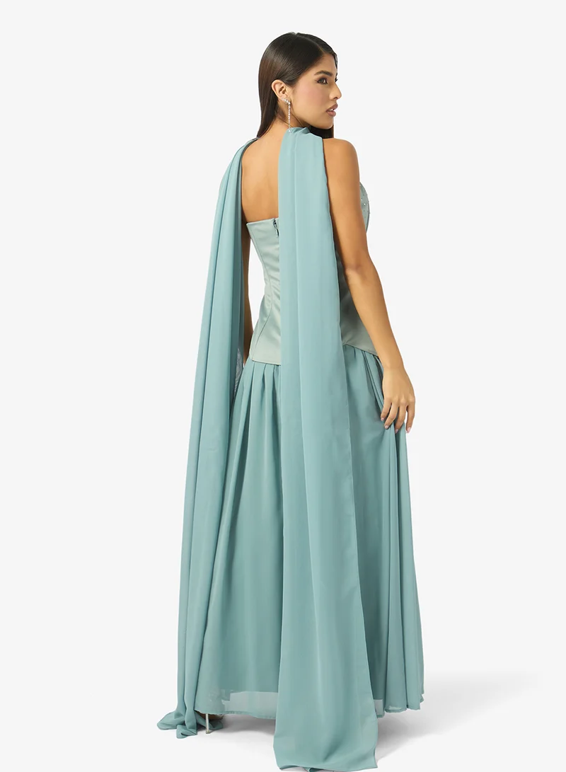 Namshi x Corset Bodice Drop Waist Embellished Dress with Scarf