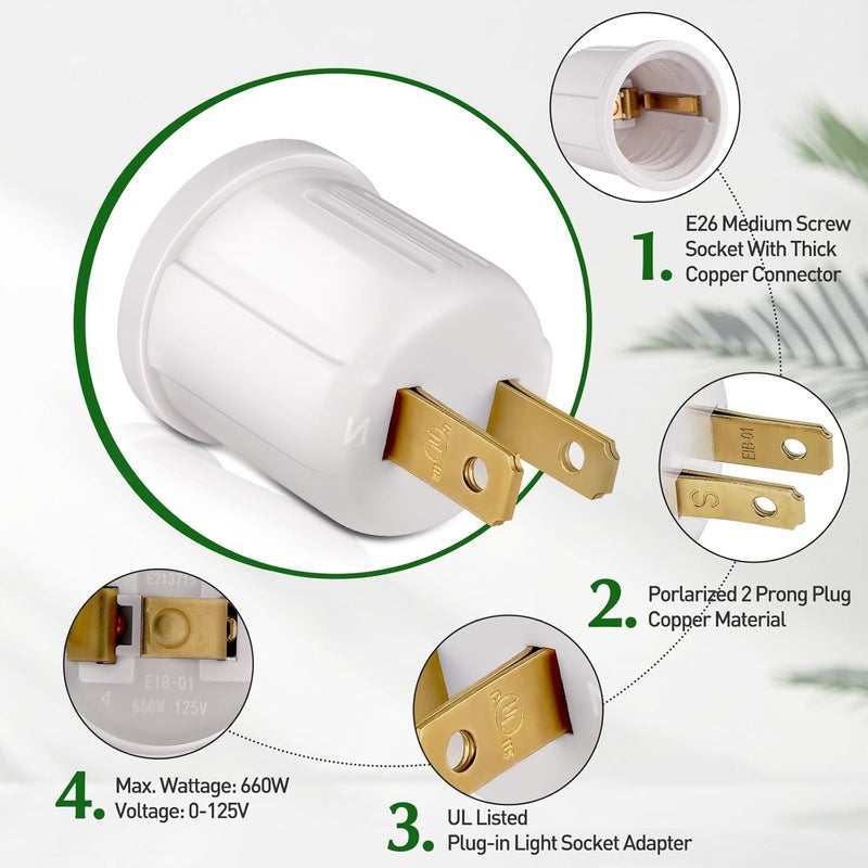 EMNOOTI Outlet to Socket Adapter, Plug-in Light Socket, Convert Outlet to Light Bulb Socket, Polarized 2-Prong Outlet to E26 E27 Screw Base Bulb Socket, 660 Watt, 125 Volt, UL Listed (4-Pack) - Image 5