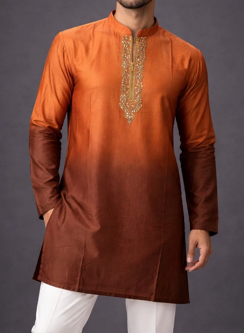 Lehar Sunset Ombré Silk-Blend Kurta with Zari Embroidered Placket