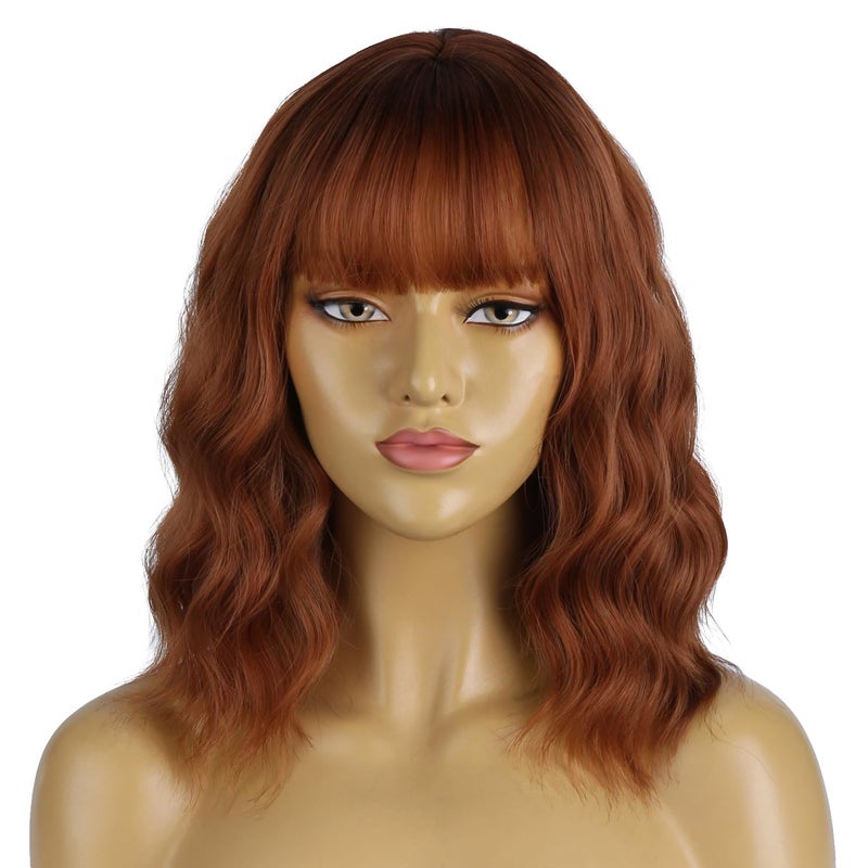 MAGQOO Ombre Dark Orange Auburn Wig Women Dark Roots Orange Bob Wig Short Curly Wavy Red Copper Wig with Bangs Synthetic Heat Resistant
