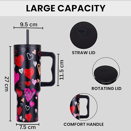 CYNVEXA Tumbler with lid and Straw 1200ML Cup Stainless Steel Vacuum Insulated Tumbler for Water, Iced Tea or Coffee 1.2L Office Gym Travelling (Black Heart) - Image 5