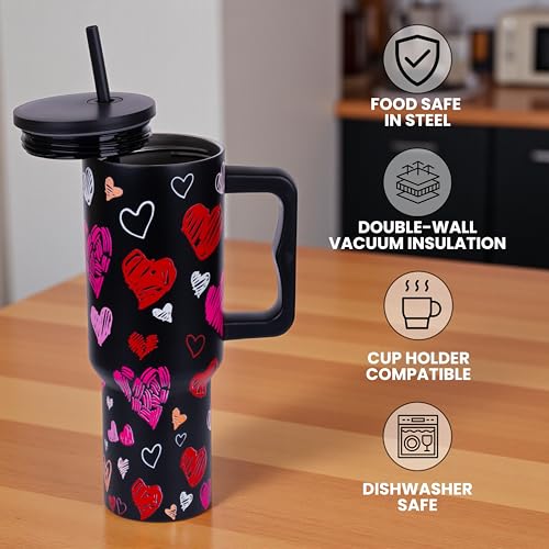 CYNVEXA Tumbler with lid and Straw 1200ML Cup Stainless Steel Vacuum Insulated Tumbler for Water, Iced Tea or Coffee 1.2L Office Gym Travelling (Black Heart) - Image 4