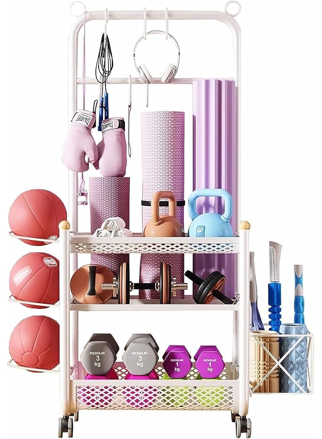 NOAEOU White Home Gym 3 Tier Storage Shelf with Storage basket & Exercise Ball Rack Weight Rack for Dumbbells Kettlebells and chute board Yoga Mat Storage Rack with Sturdy and Lockable Casters - Image 1