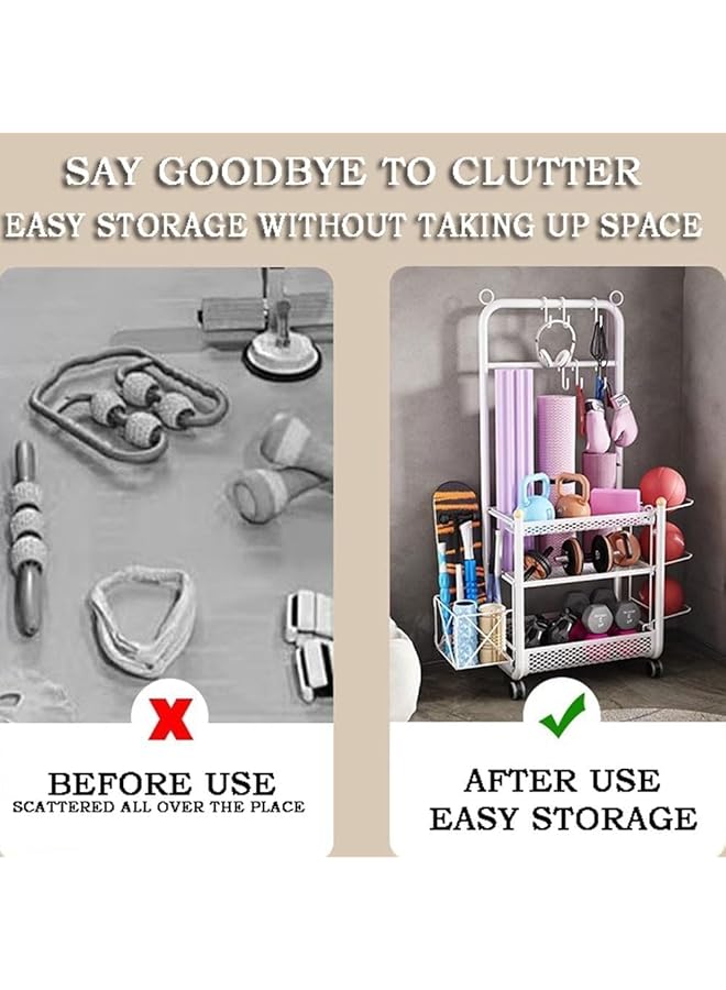 NOAEOU White Home Gym 3 Tier Storage Shelf with Storage basket & Exercise Ball Rack Weight Rack for Dumbbells Kettlebells and chute board Yoga Mat Storage Rack with Sturdy and Lockable Casters - Image 3