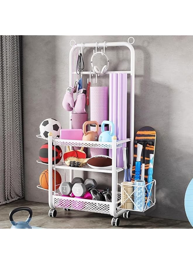 NOAEOU White Home Gym 3 Tier Storage Shelf with Storage basket & Exercise Ball Rack Weight Rack for Dumbbells Kettlebells and chute board Yoga Mat Storage Rack with Sturdy and Lockable Casters - Image 5