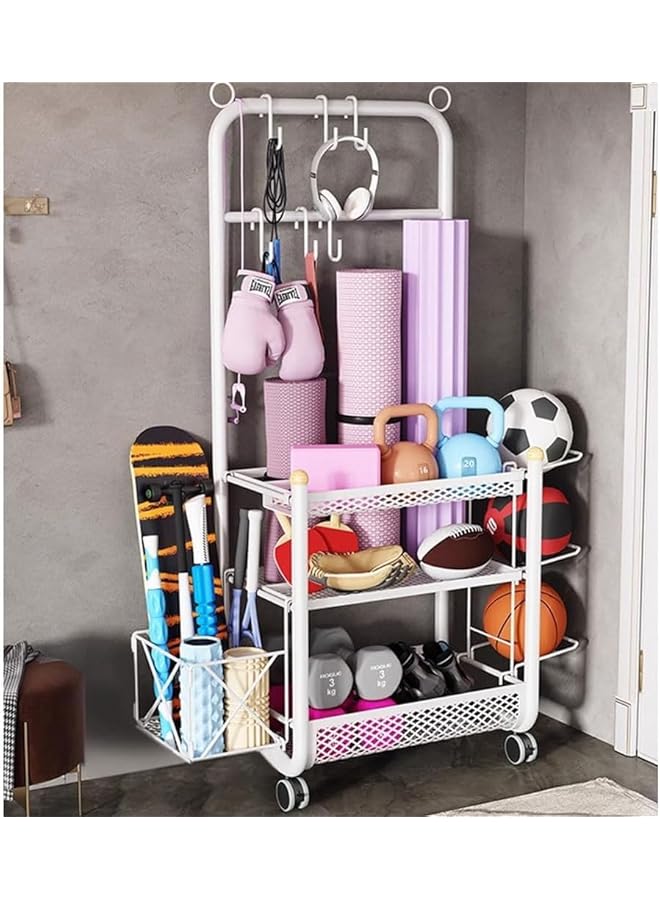 NOAEOU White Home Gym 3 Tier Storage Shelf with Storage basket & Exercise Ball Rack Weight Rack for Dumbbells Kettlebells and chute board Yoga Mat Storage Rack with Sturdy and Lockable Casters - Image 2