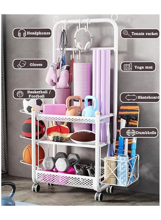 NOAEOU White Home Gym 3 Tier Storage Shelf with Storage basket & Exercise Ball Rack Weight Rack for Dumbbells Kettlebells and chute board Yoga Mat Storage Rack with Sturdy and Lockable Casters - Image 4