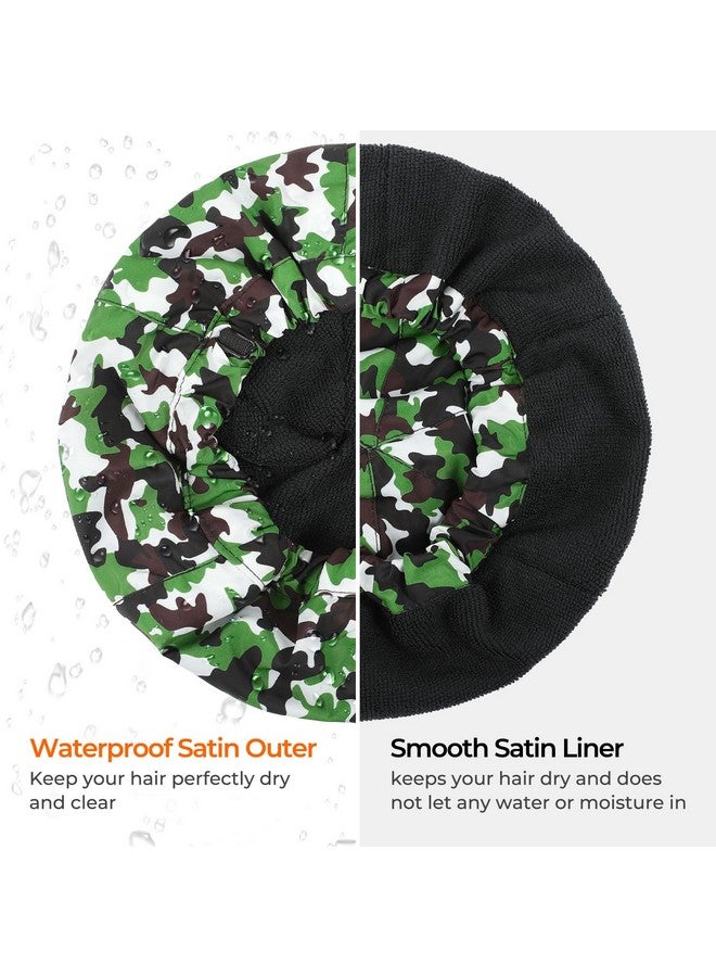 Aileam Shower Cap for Men Green Camouflage Bath Cap, Reversible Large Waterproof Adjustable Shower Caps Terry Lining & Elastic Band Stretch Hem Hair Hat - Image 5