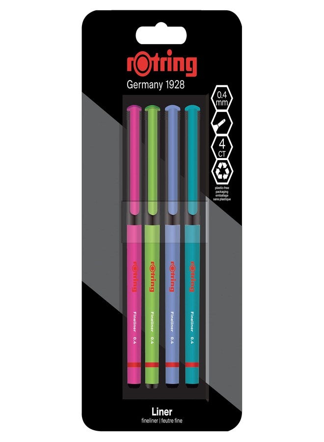 Rotring Liner Fineliner Pens 0.4 mm Colouring Pens for Writing & Drawing Plastic-Free Packaging Assorted Fun Colours 4 Count - Image 1